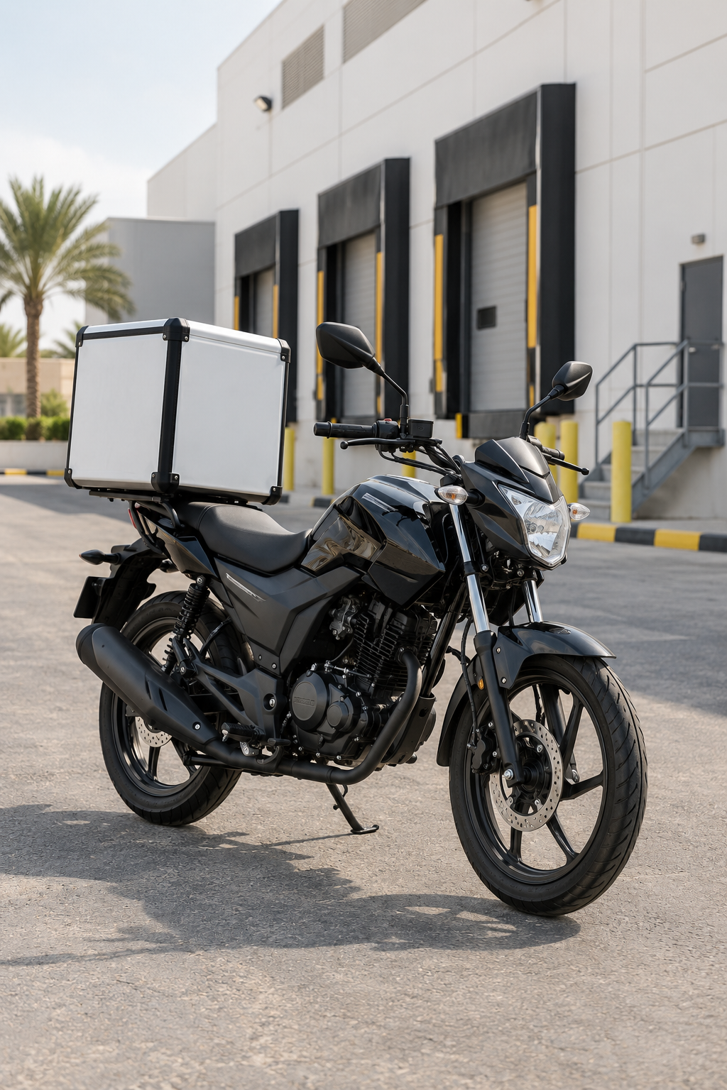 Illustration of a delivery motorcycle outside a distribution centre